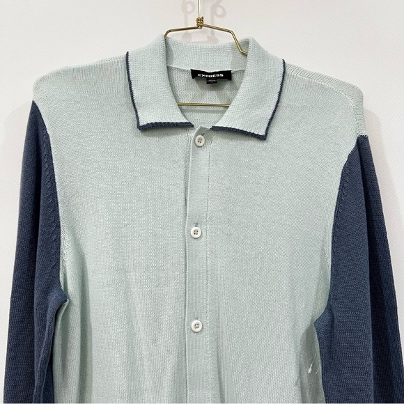 Express Colorblock Button -Up Cardigan Size Medium Mint Blue Polo Sweater - Picture 7 of 7